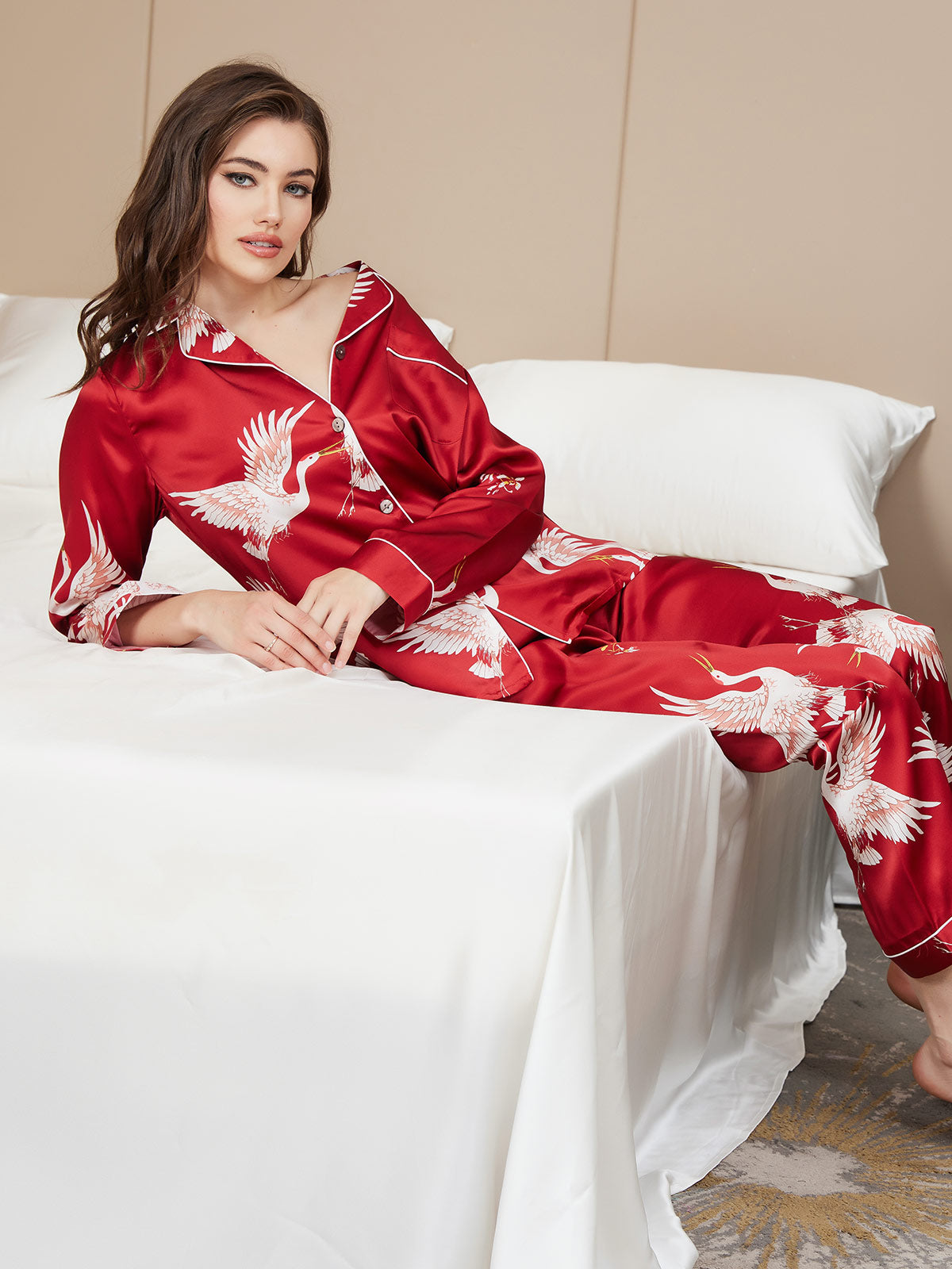 [Donkerrood] SilkSilky-NL 19Momme Lange Mouw Notchkraag Dames Pyjama Set 008