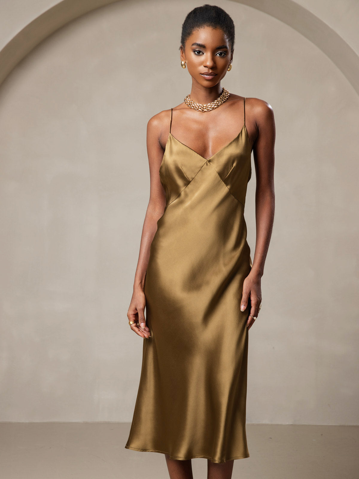 [Bruin] SilkSilky-NL 19Momme V-Hals Jurk 004