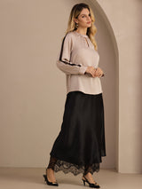 [Tan] SilkSilky-NL Long Sleeve Keyhole Neck Blouse 006