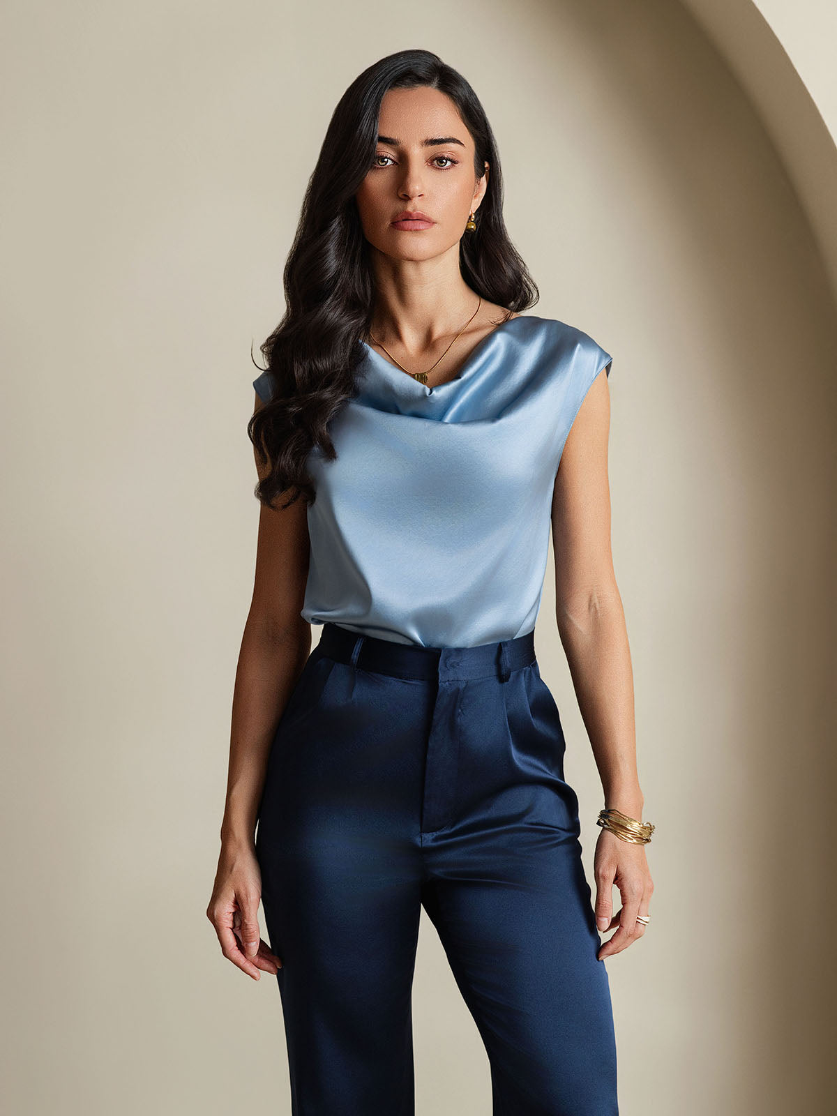[Grijsachtig Blauw] SilkSilky-NL 19Momme Zijde Mouwloos Cowl Hals Dames T-Shirt 003