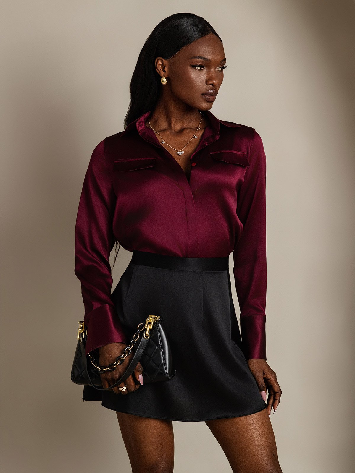SilkSilky-NL 19Momme Zijde Lange Mouw Kraag Dames Blouse Donkerrood 001