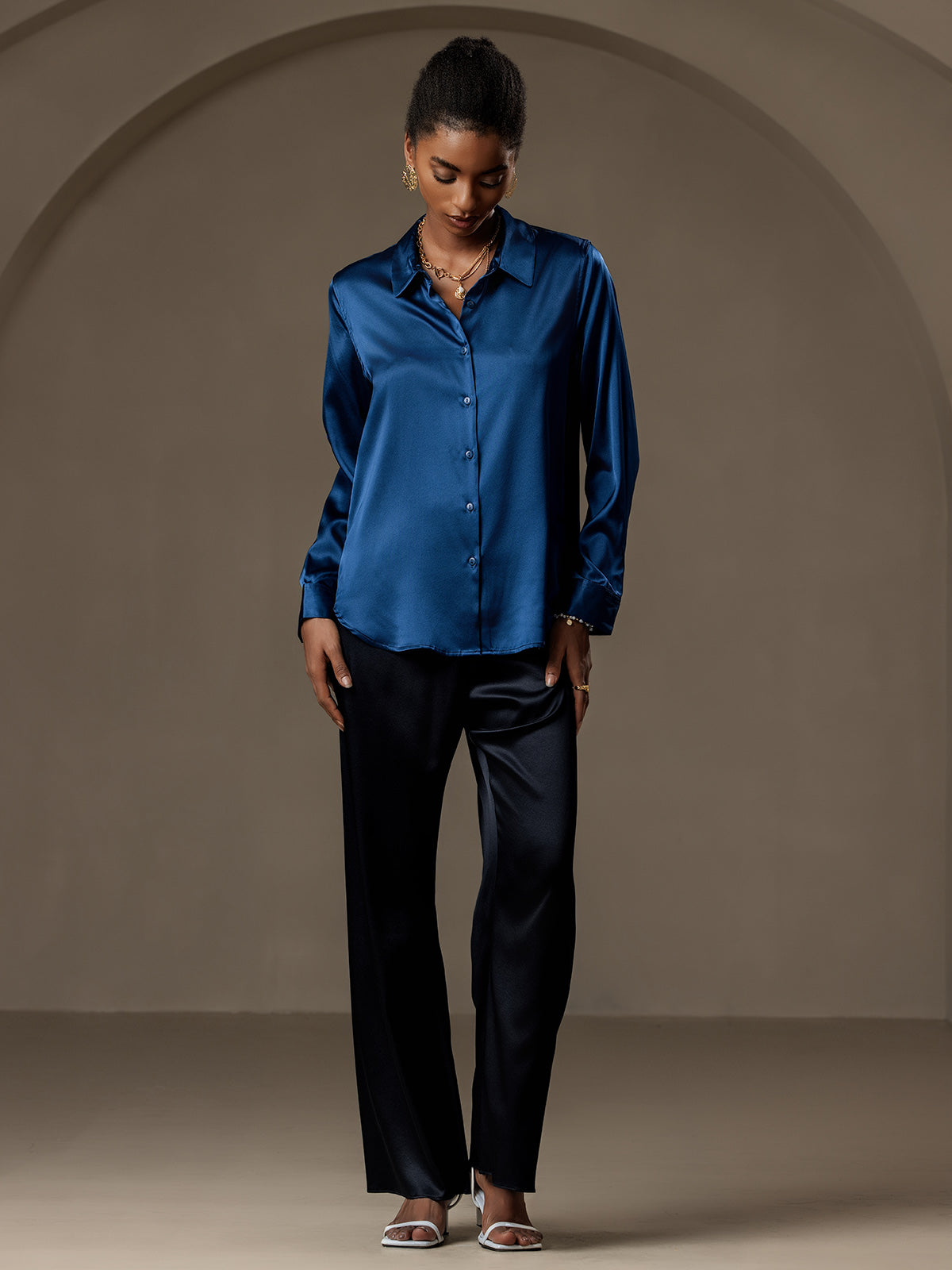 [Koningsblauw] SilkSilky-NL Zijde Kraag Dames Blouse 006
