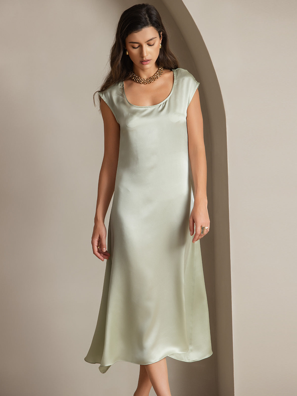SilkSilky-NL 19Momme Zijde Mouwloos Ronde Hals Jurk Lichtgroene 004