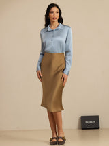 [Grijsachtig Blauw] SilkSilky-NL Long Sleeve Lapel Collar Dames Blouse 012