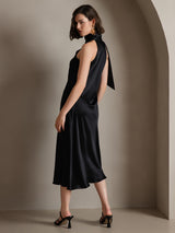 [Zwart] SilkSilky-NL 19Momme Stretch Silk Charmeuse Sleeveless Tie Neck Jurk 002