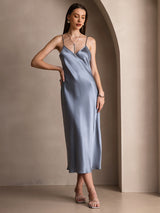 [Grijsachtig Blauw] SilkSilky-NL Spaghetti Strap V Neck Jurk 001