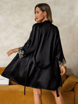 [Zwart] SilkSilky-NL Zijde 3/4 Mouw Womens Pajamas 002