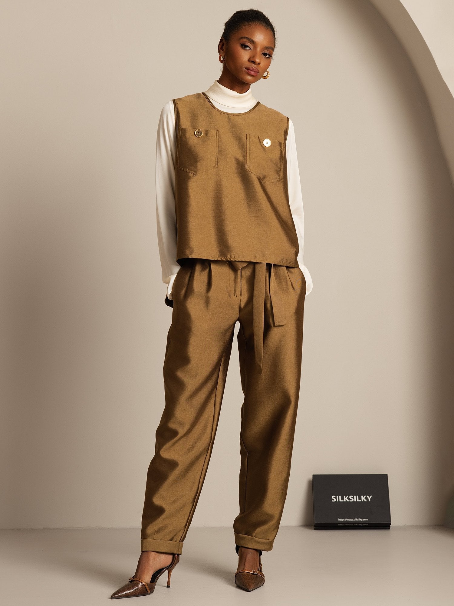 [Brons] SilkSilky-NL 32Momme Silk-Wool Blend Womens Vest 005,