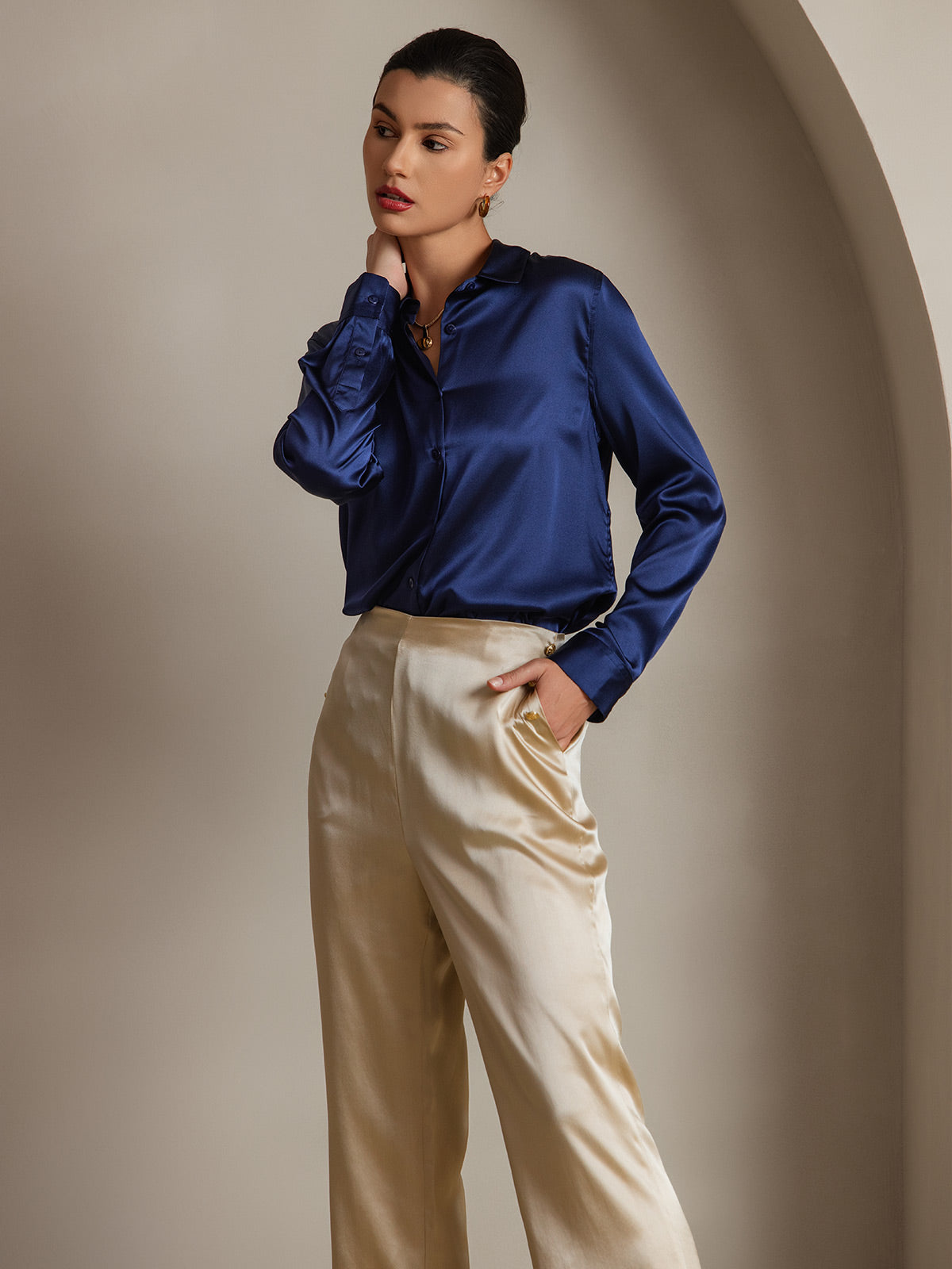 [Donkerblauw] SilkSilky-NL 19Momme Lange Mouw Reverskraag Dames Blouse 005