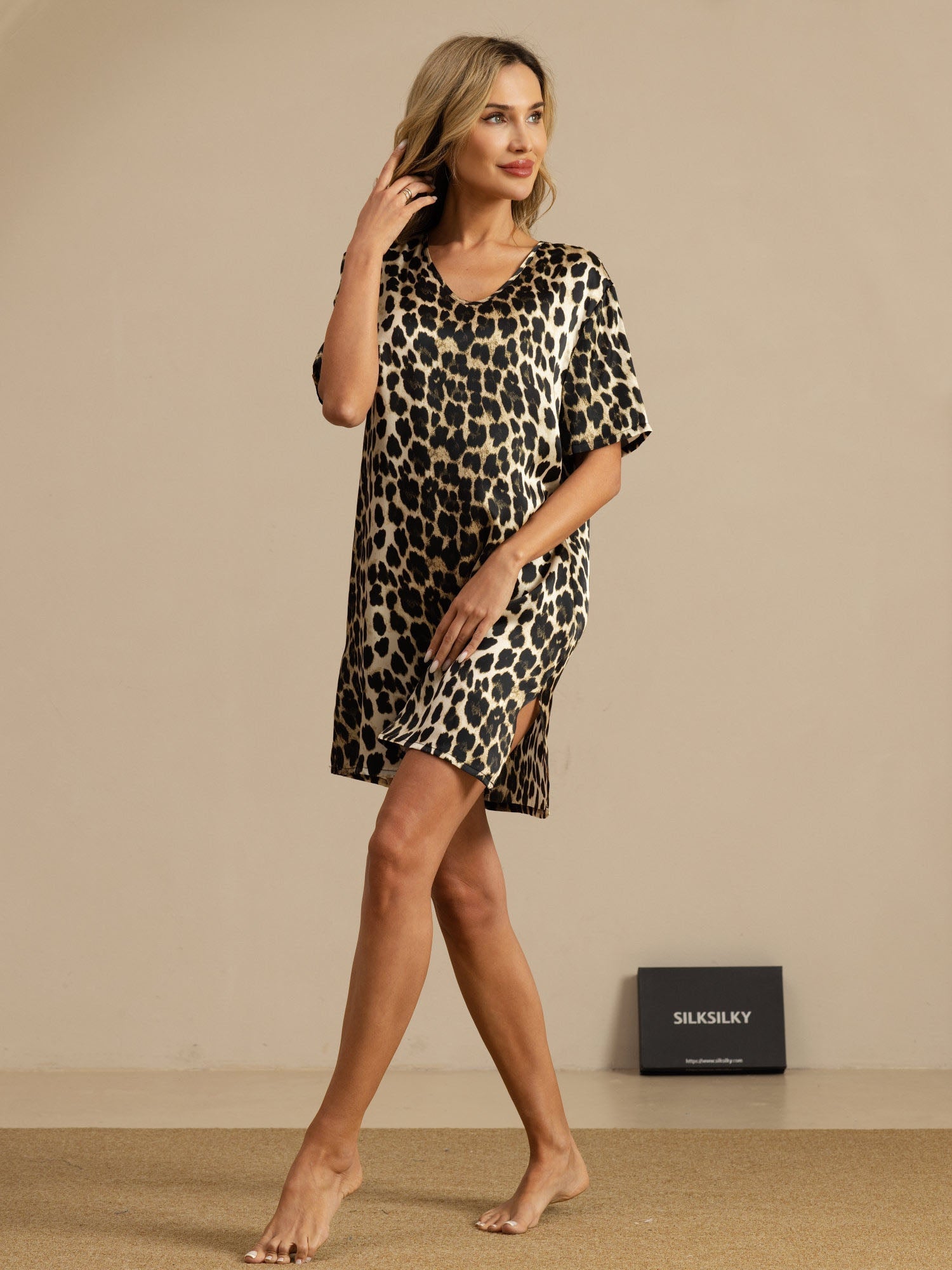 [Leopard] SilkSilky-NL Pure Silk Korte Mouw Nightgown 006