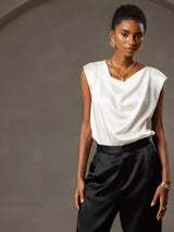 [Wit] SilkSilky-NL Cap Sleeve Cowl Neck Dames T-Shirt 005