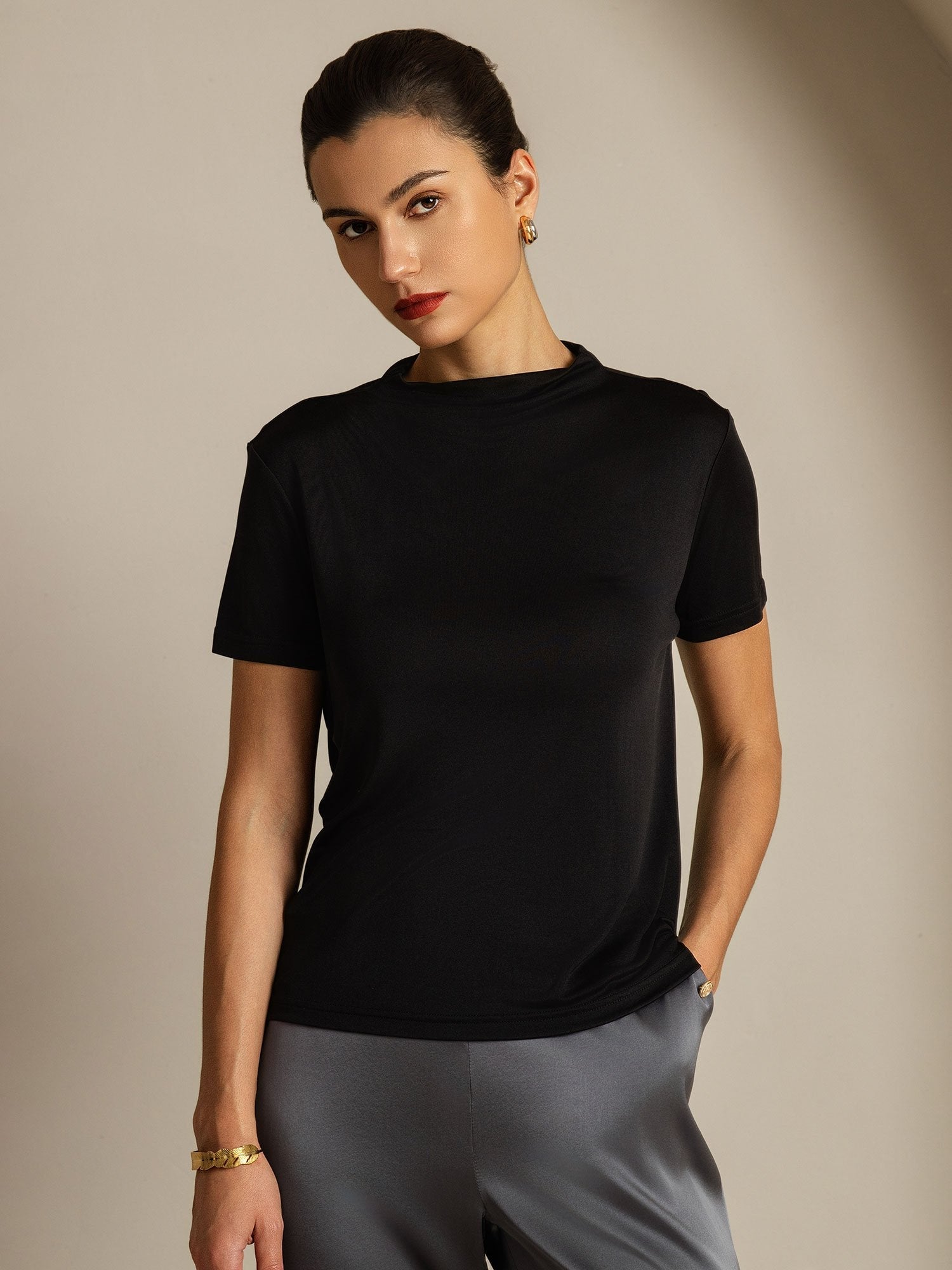 [Zwart] SilkSilky-NL Zijde Kraag Dames T-Shirt 001
