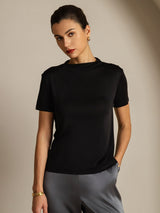 [Zwart] SilkSilky-NL 100% Silk Jersey Short Sleeve Mock Neck Dames T-Shirt 001