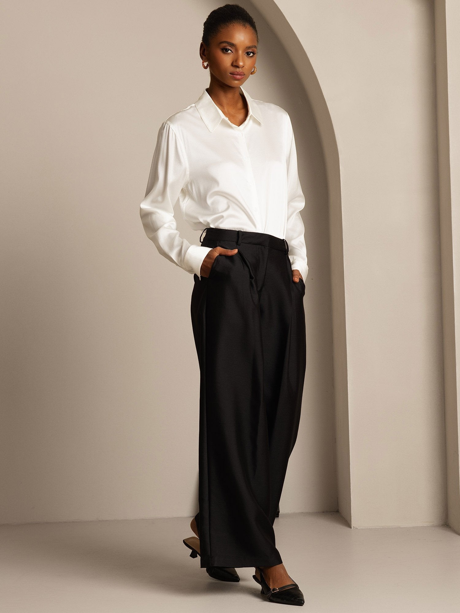 [Zwart] SilkSilky-NL 32Momme Silk-Wool Blend Womens Pants 006,