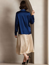 [Donkerblauw] SilkSilky-NL Long Sleeve Lapel Collar Dames Blouse 002
