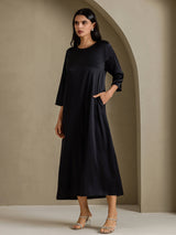 [Zwart] SilkSilky-NL 3/4 Sleeve Round Neck Jurk 006