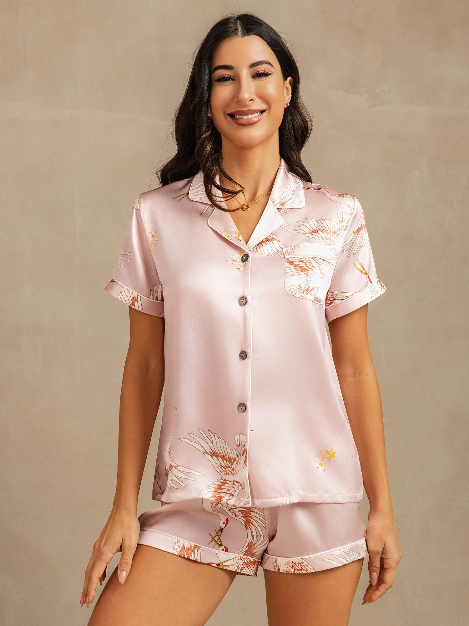 [Roze] SilkSilky-NL 19Momme Korte Mouw Notchkraag Dames Pyjama Set 001