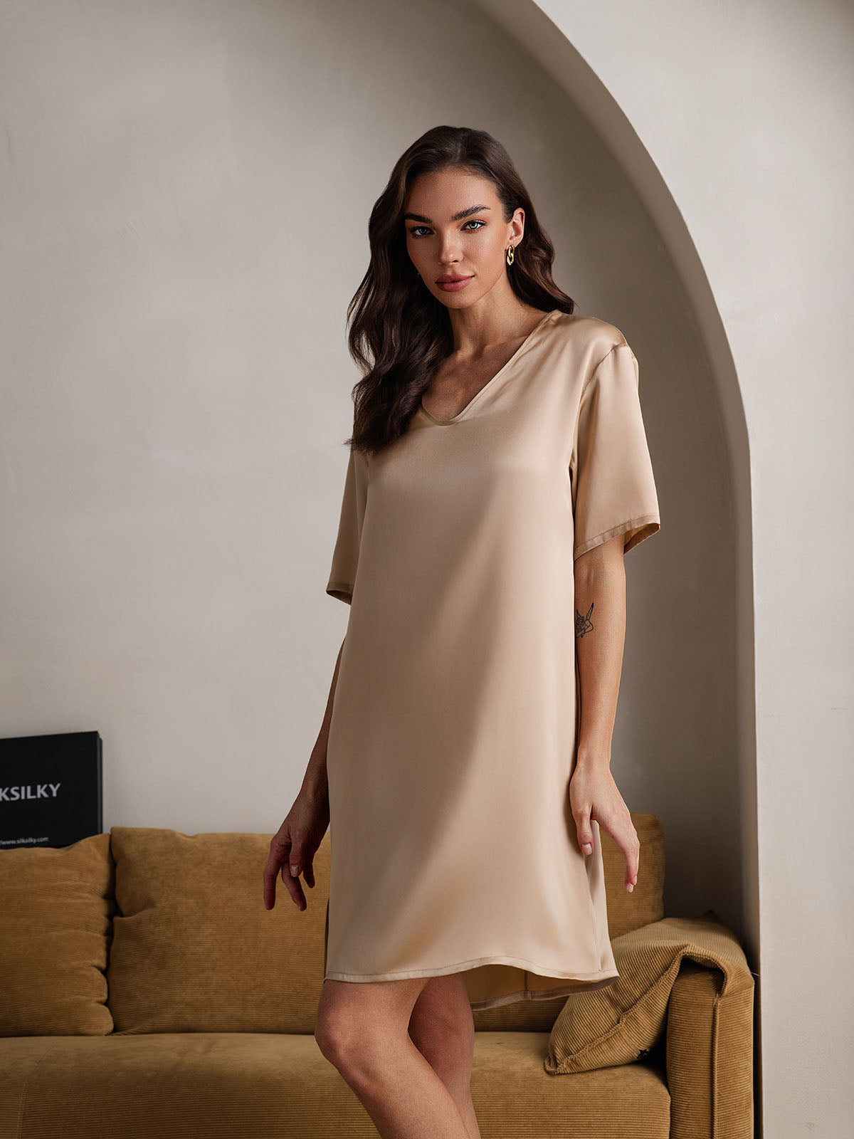 [Champagne] SilkSilky-NL V-Hals Nachthemd 005
