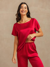 [Wijn] SilkSilky-NL 19Momme Korte Mouw Dames Pyjama Set 008