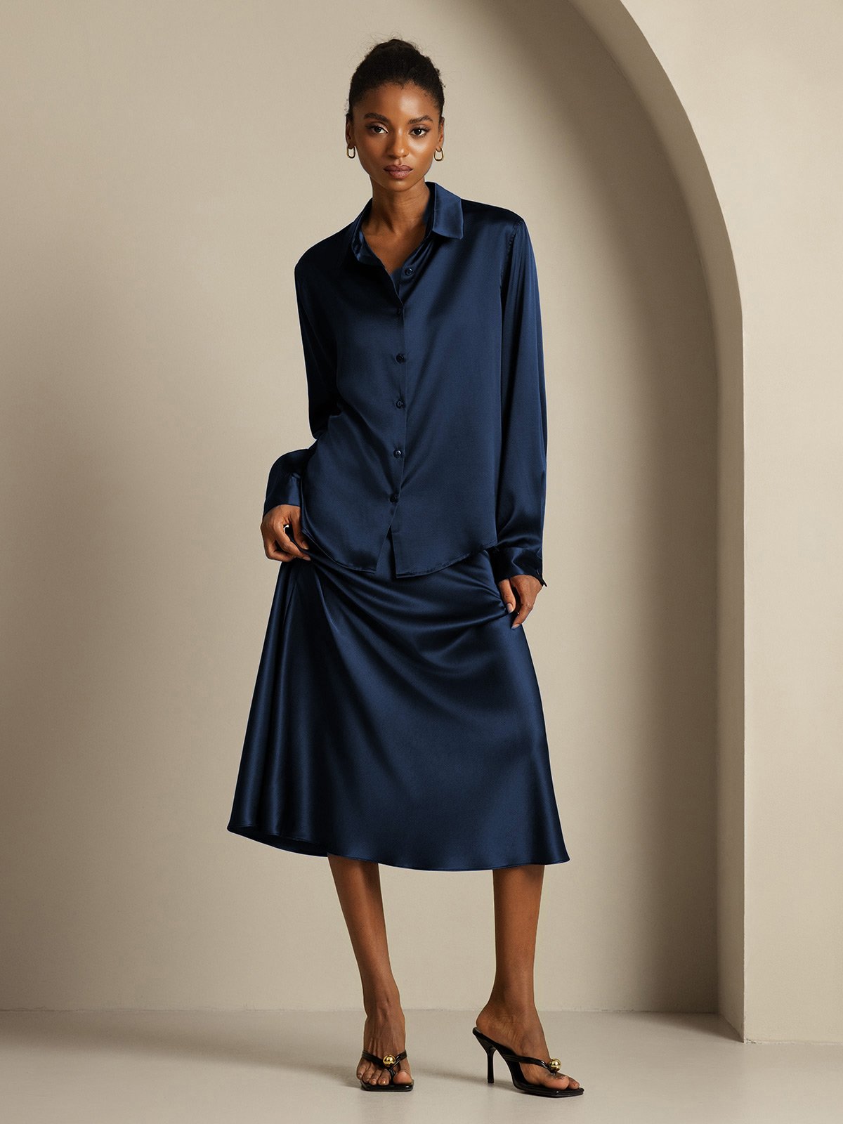 [Donkerblauw] SilkSilky-NL 19Momme Zijde Kraag Women''s Outfit Sets 007,