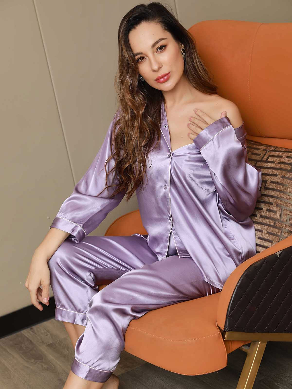 [Lavendel] SilkSilky-NL Pure Silk Lange Mouw Revers Dames Pyjama Set 001