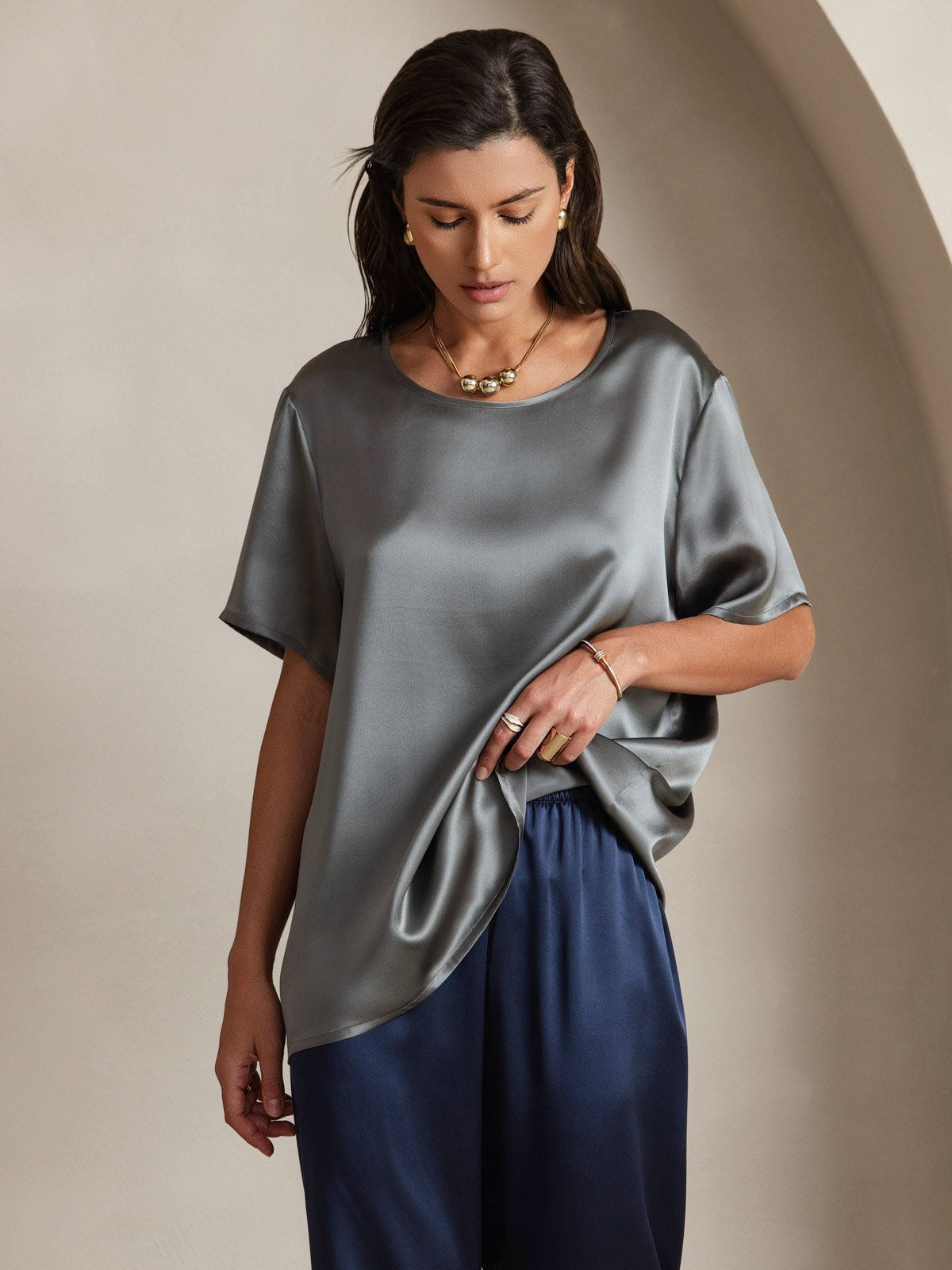 SilkSilky-NL Korte Mouw Ronde Hals Dames T-Shirt Donkergrijs 003
