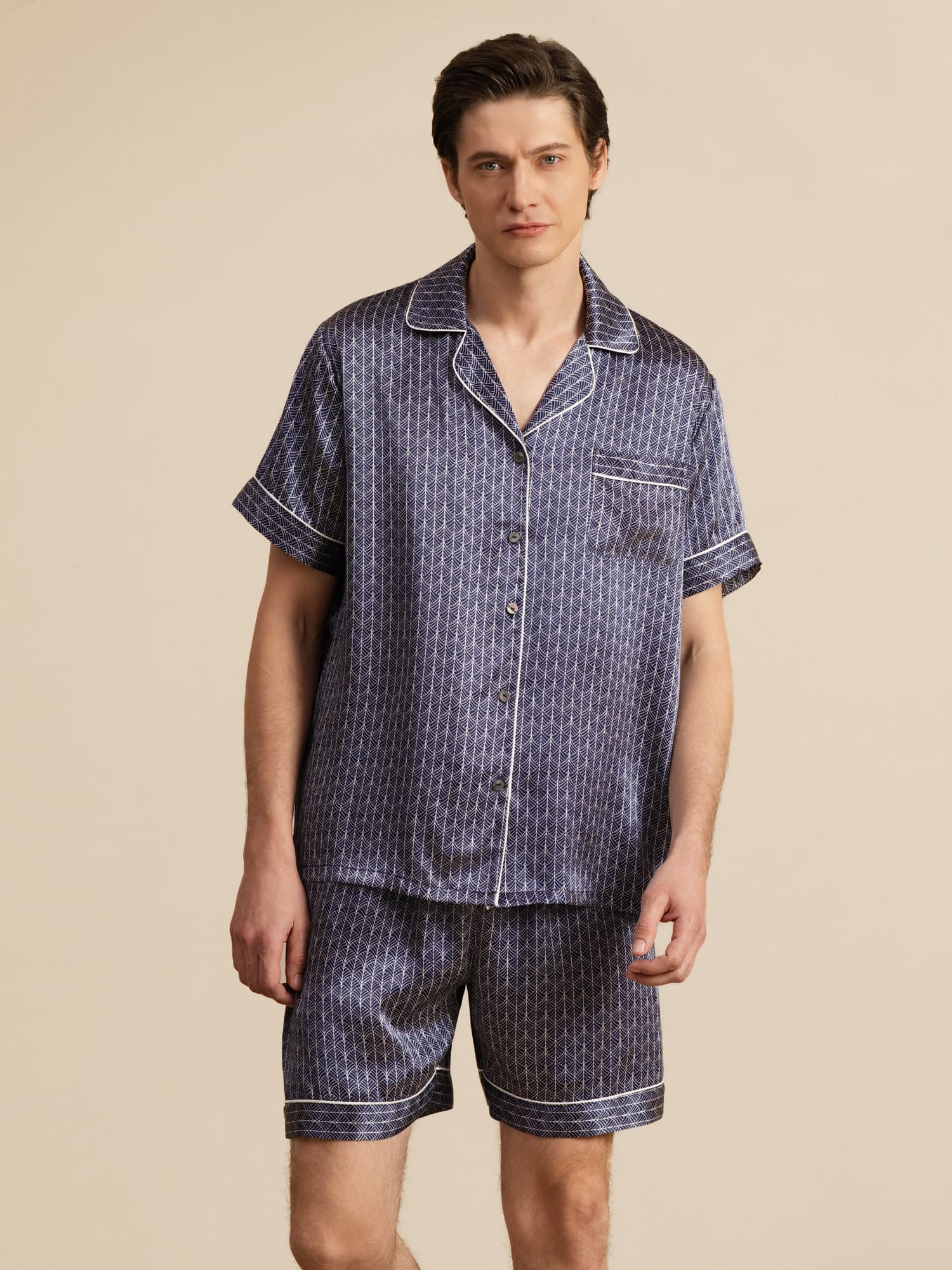 [Marine Ginkgo] SilkSilky-NL Korte Mouw Notchkraag Heren Pyjama Set 004