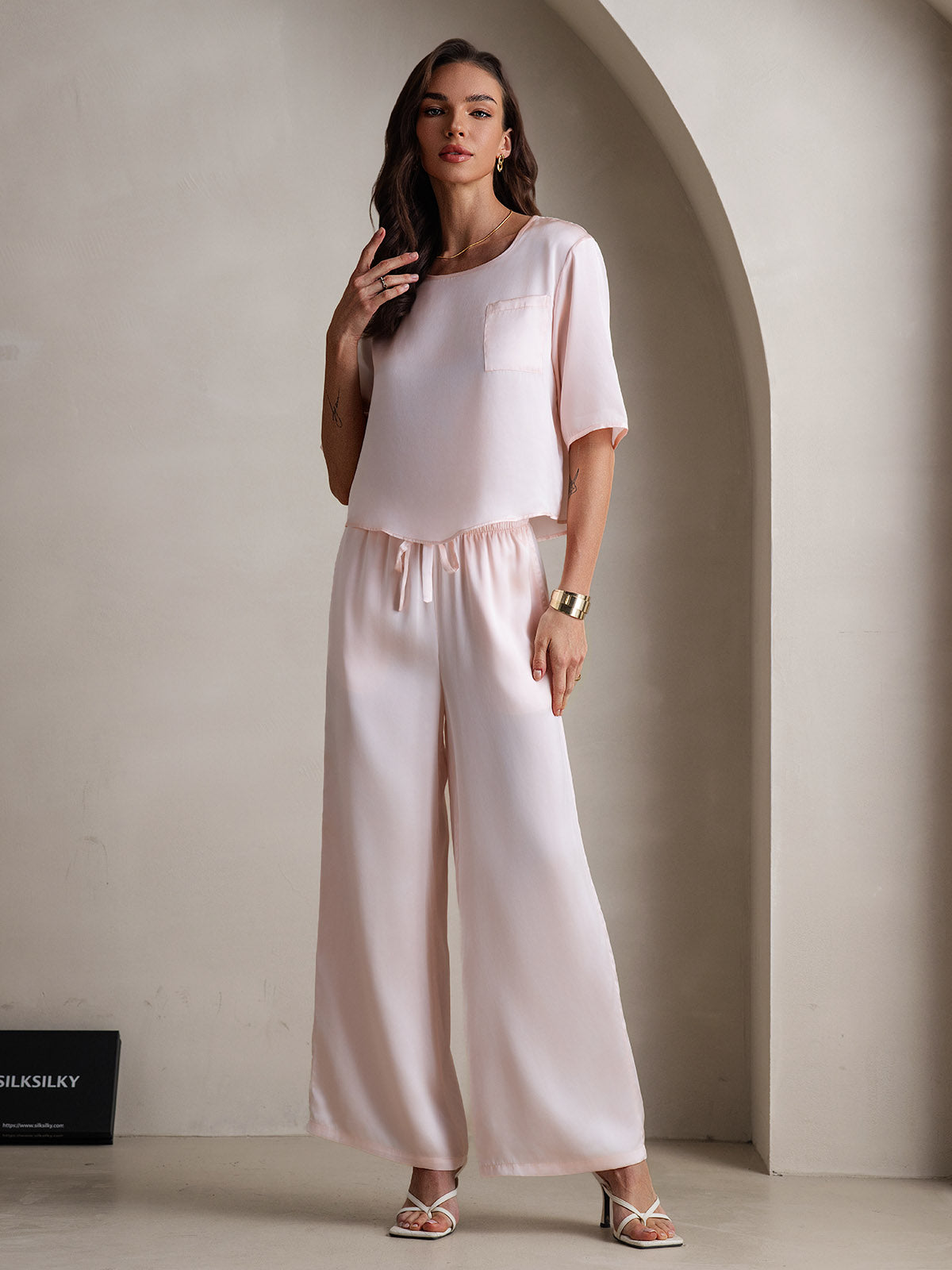 [Roze] SilkSilky-NL Halve Mouw Ronde Hals Dames Pyjama Set 003