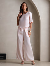 [Roze] SilkSilky-NL Halve Mouw Ronde Hals Dames Pyjama Set 003