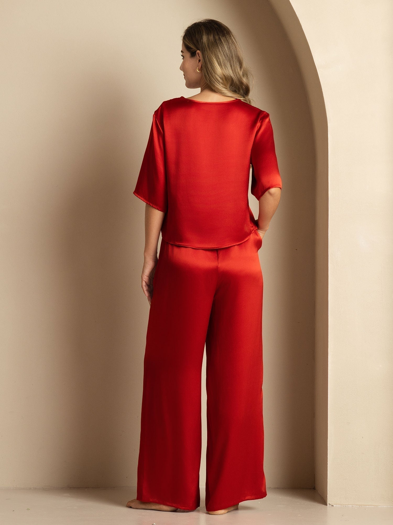 [Wijn] SilkSilky-NL Halve Mouw Ronde Hals Dames Pyjama Set 002