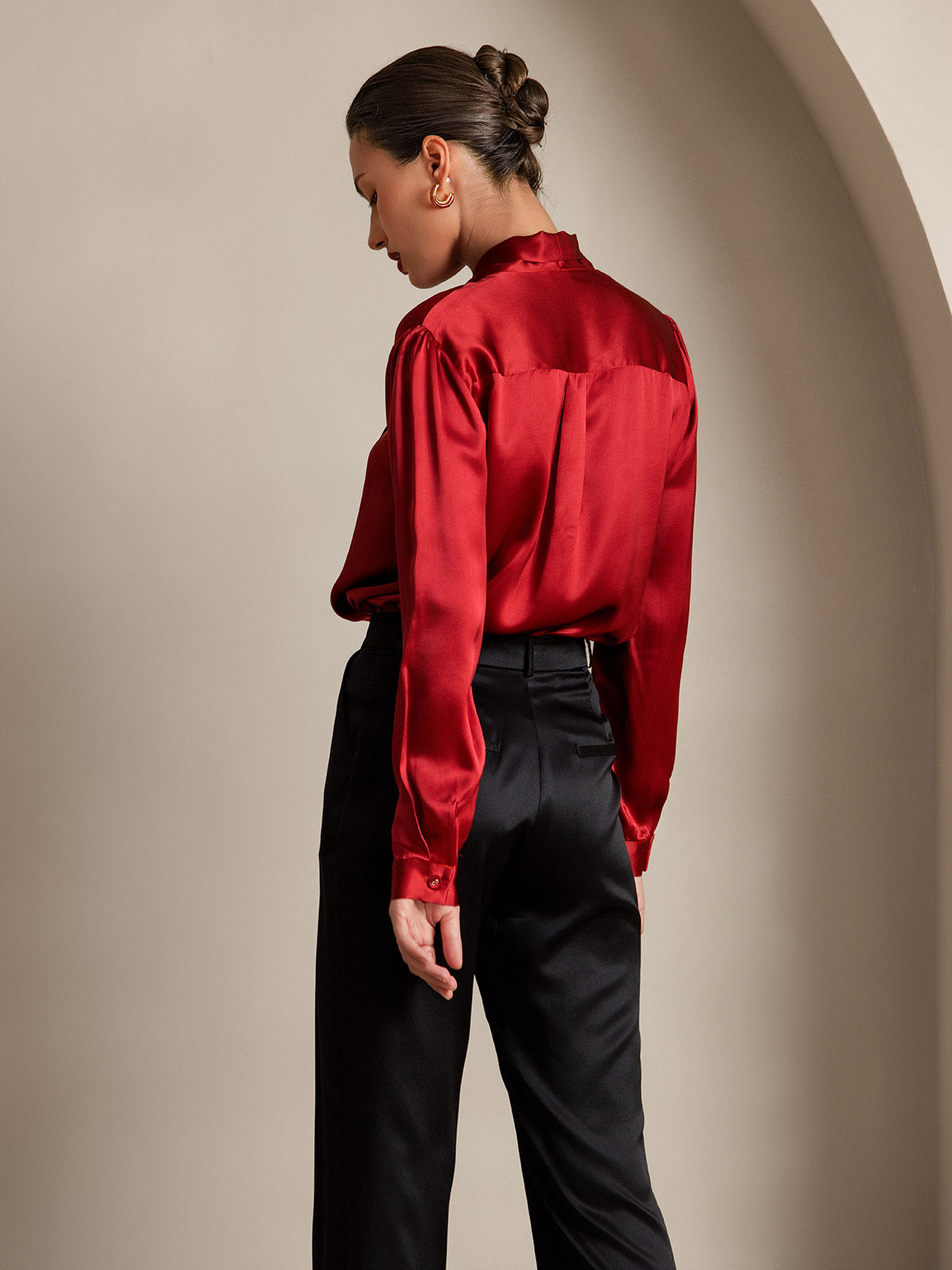 [Wijn] SilkSilky-NL 19Momme Zijde Lange Mouw Binda Hals Dames Blouse 002