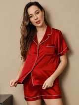 [Wijn] SilkSilky-NL Korte Mouw Notchkraag Dames Pyjama Set 004