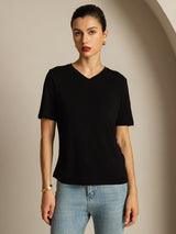 [Zwart] SilkSilky-NL Korte Mouw V Hals Dames T-Shirt 005