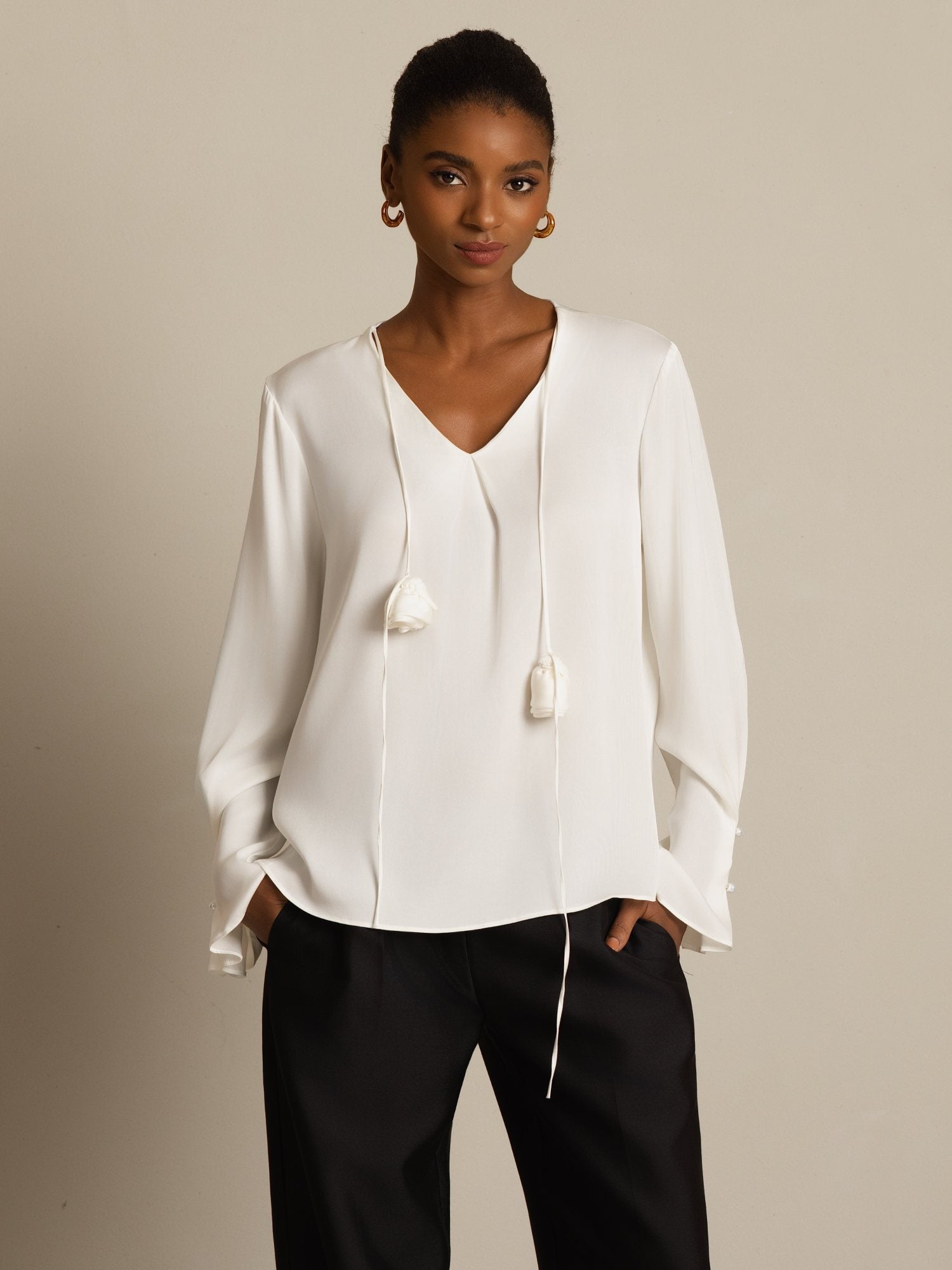 [Wit] SilkSilky-NL 19Momme Zijde Lange Mouw V Hals Blouse 003