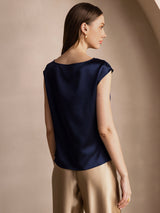 [Donkerblauw] SilkSilky-NL Cap Sleeve Cowl Neck Dames T-Shirt 002