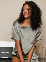 [Grijsachtig Groen] SilkSilky-NL Short Sleeve Split Dames Pyjama Set 005