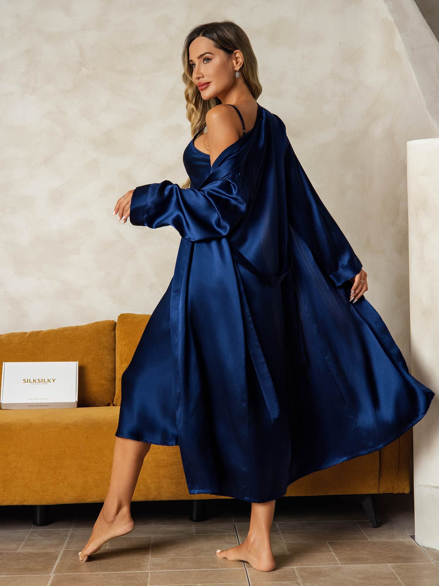 [Donkerblauw] SilkSilky-NL Zijde Nightgown&Robe Set 002