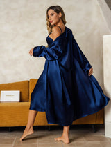 [Donkerblauw] SilkSilky-NL Long Sleeve V Neck Nachthemd&Kamerjas Set 002