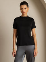 [Zwart] SilkSilky-NL 100% Silk Jersey Short Sleeve Mock Neck Dames T-Shirt 003
