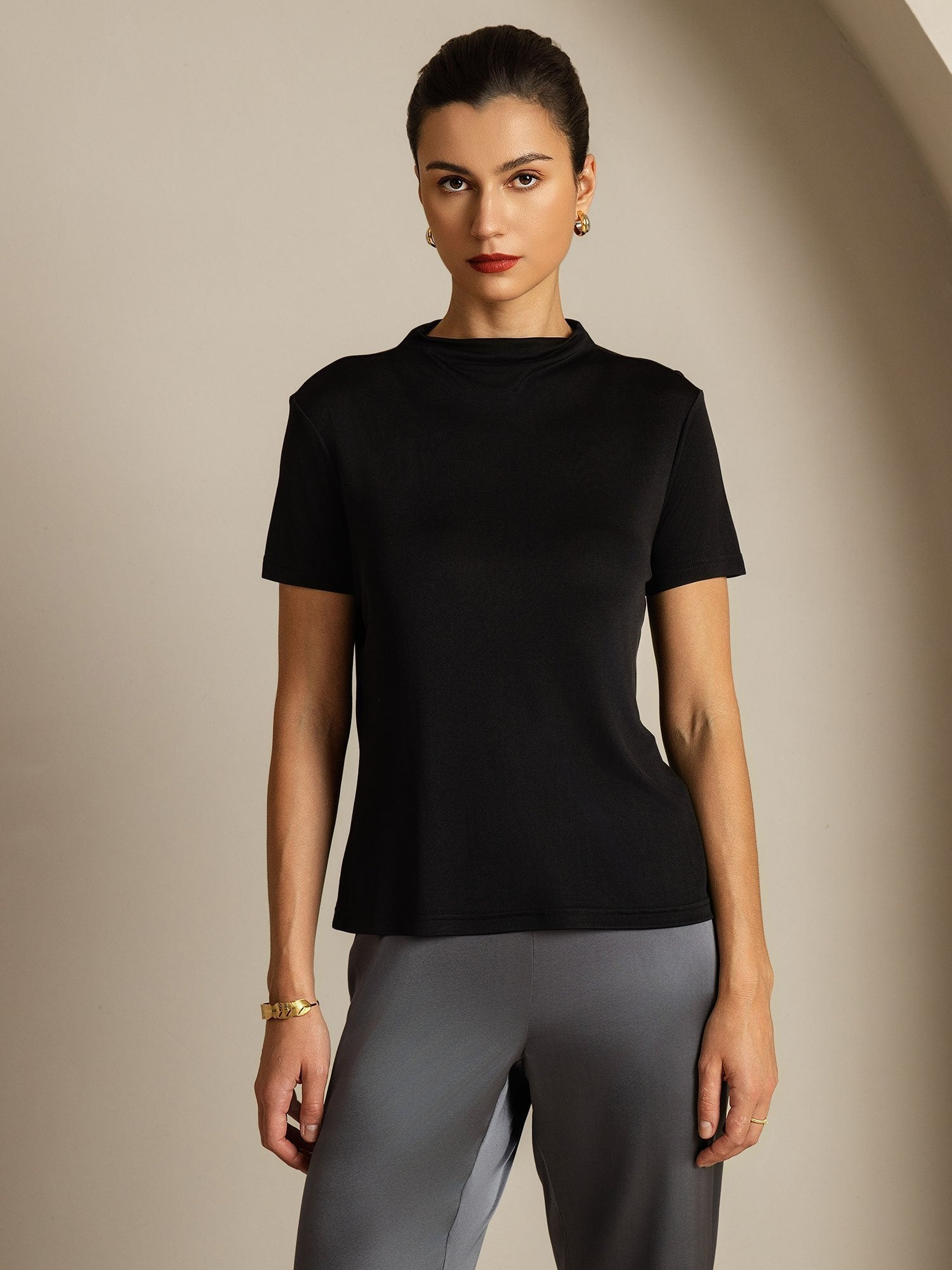 [Zwart] SilkSilky-NL Korte Mouw Col Montant Dames T-Shirt 003