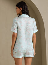 [Hemelsblauwe Bloemen] SilkSilky-NL Short Sleeve Notch Collar Dames Pyjama Set 002