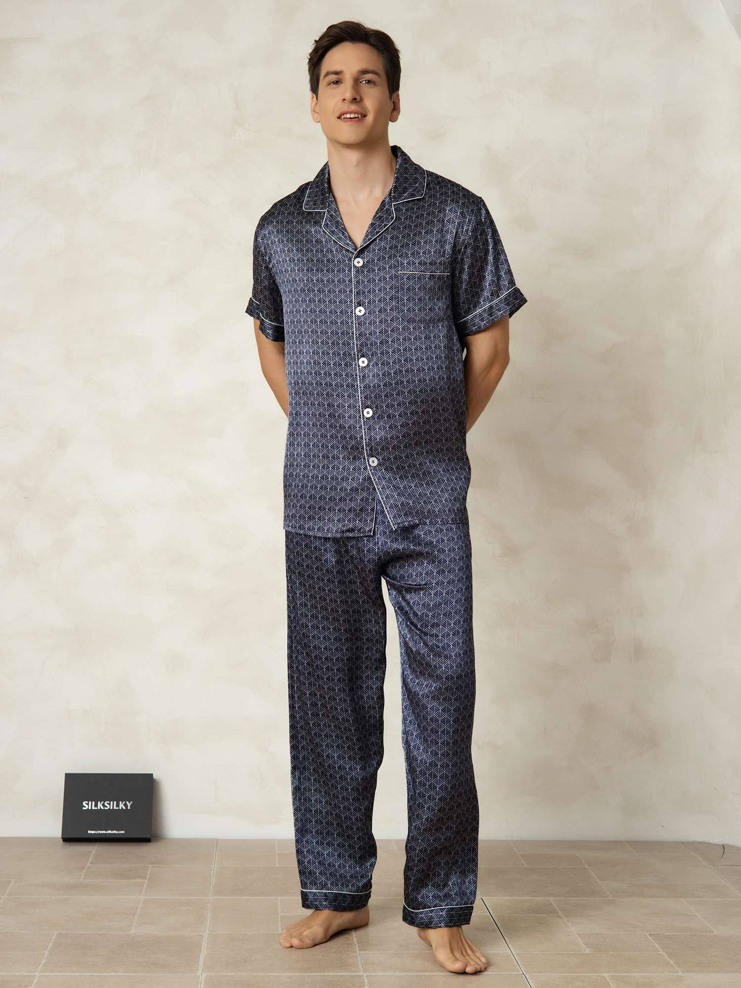 [MarineGinkgo] SilkSilky-NL Zijde Kraag Heren Pyjama Set 006