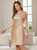 [Champagne] SilkSilky-NL Kapmouwtjes V Hals Nachthemd 004
