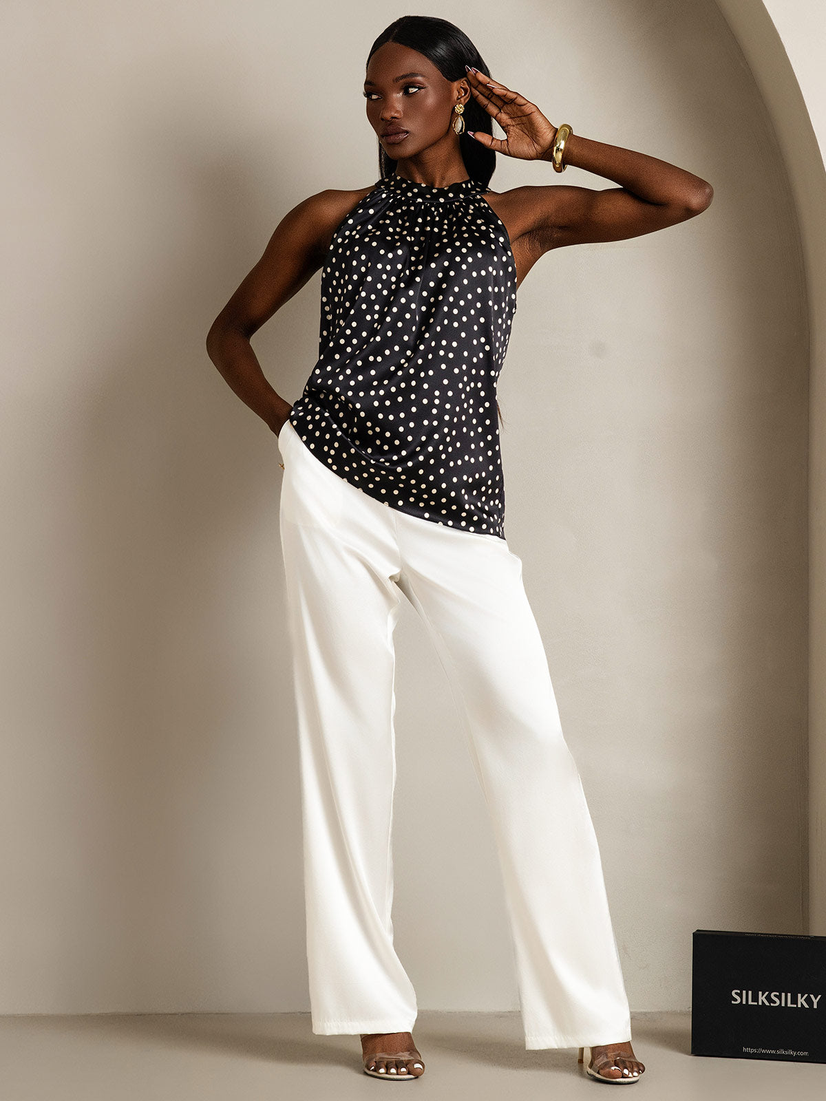[Zwart+Wit] SilkSilky-NL 19Momme Zijde Mouwloos Womens T-Shirt 006