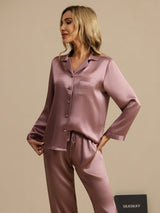 [Bleek Mauve] SilkSilky-NL Long Sleeve Lapel Collar Dames Pyjama Set 004