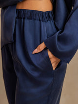 [Donkerblauw] SilkSilky-NL 19Momme Lange Mouw Notchkraag Dames Pyjama Set 005