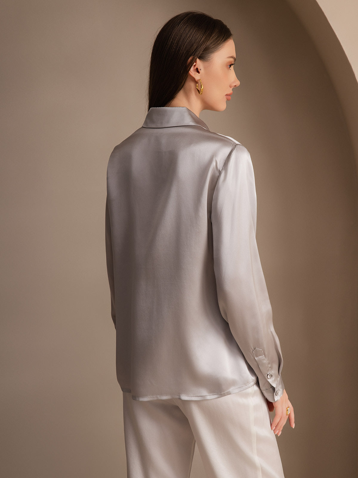 [Lichtgrijs] SilkSilky-NL 19Momme Zijde Lapel Collar Dames Blouse 002