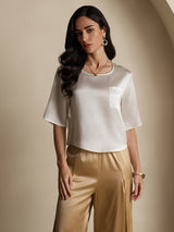 [Wit] SilkSilky-NL Halve Mouw Diepe Ronde Hals Dames T-Shirt 003