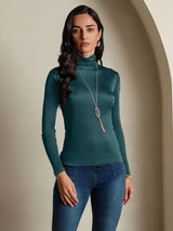 [Donkergroen] SilkSilky-NL Lange Mouw Coltrui Hals Dames T-Shirt 005