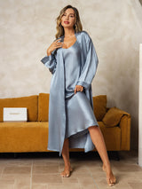 [Grijsachtig Blauw] SilkSilky-NL Long Sleeve V Neck Nachthemd&Kamerjas Set 005